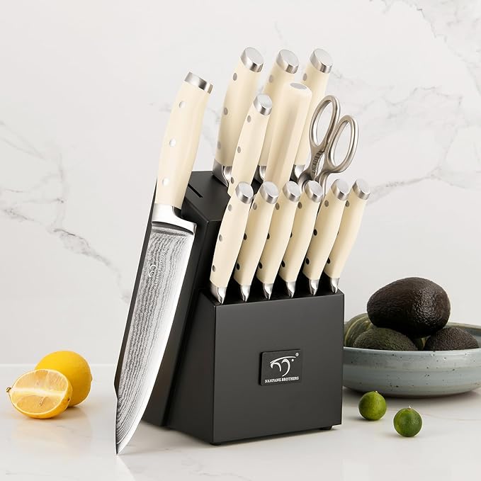 Damascus Kitchen Knife Set, 14 Pieces Kitchen Knife Set with Block, White ABS Ergonomic Handle for Chef Knife Set and Serrated Steak Knives Knife Sharpener and Kitchen Shears, Black Wooden Block