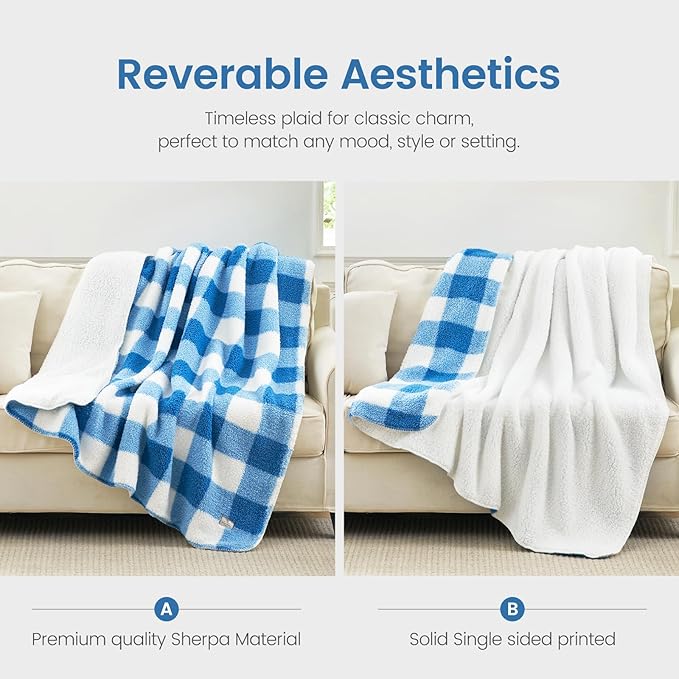 Cozy Bliss Luxury Sherpa Throw Blanket for Couch, Premium Reversible Buffalo Plaid Thick Throw, Warm Cozy Soft Blanket for Home and Gifts (Light Blue, 50" x 60")