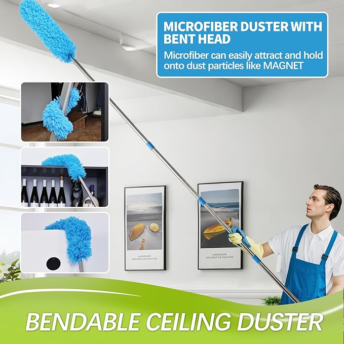 High Reach Duster Kit with14 ft Extension Pole High Ceiling Dusting and Window Cleaning Kit with Spliceable Pole - Cobweb Duster, Fan Blade, Window Washer & Squeegee and Feather Dusters