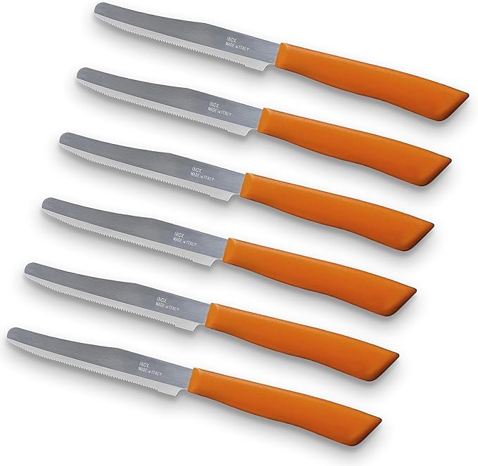6 kitchen Knives - 4.3"/11cm Italian Stainless Steel Serrated Vegetable/Steak/Table Knife Cutlery, Rounded Tip (Orange)