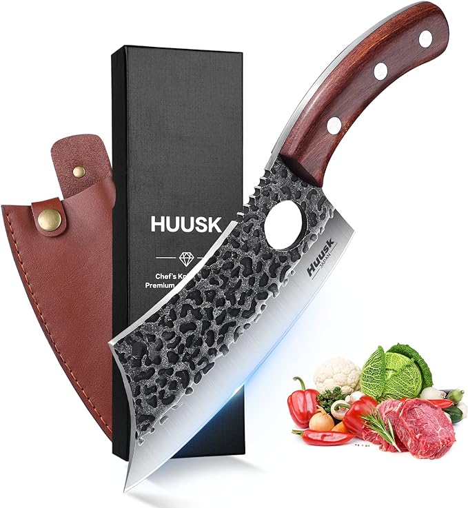 Huusk Meat Cleaver Knife, Hand Forged Butcher Knife for Meat Cutting, Full Tang Viking Knife with Sheath, Japanese Chef Knives for Kitchen, Outdoor Cooking, Camping, BBQ, Gift for Man and Women