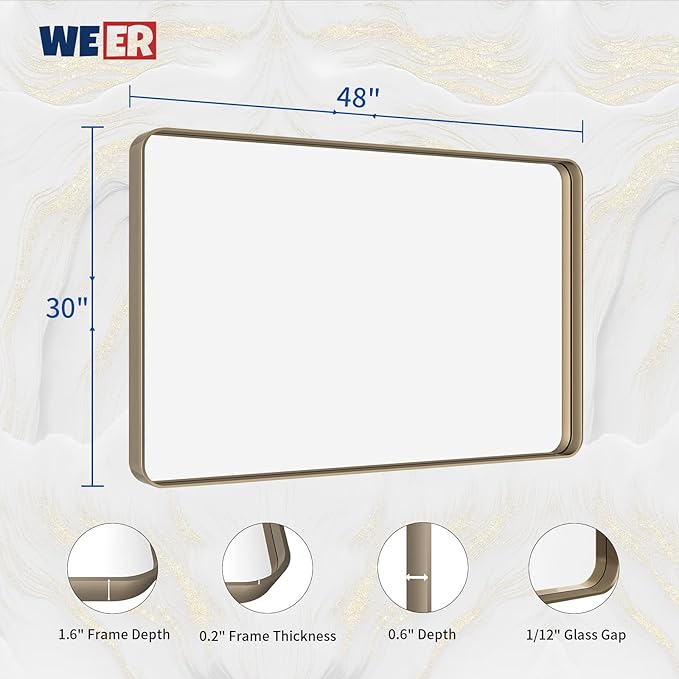 WEER 48x30 Inch Bronze Bathroom Mirror for Vanity, Brushed Bronze Metal Frame Mirror for Wall, Rounded Rectangle Bronze Frame Mirror with Tempered Glass, Anti-Rust (Horizontal/Vertical)