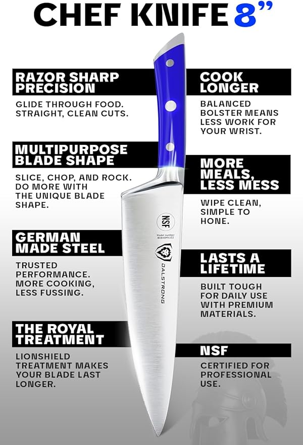 DALSTRONG Chef Knife - 8 inch Blade - Gladiator Series - Forged High Carbon German Steel - Razor Sharp Kitchen Knife - Professional Full Tang Knives - Blue Handle ABS - Sheath - NSF Certified