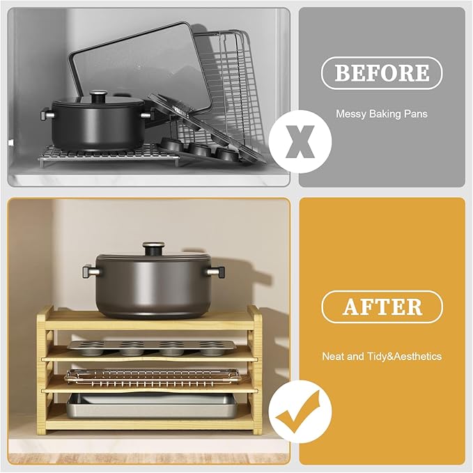 4 Tier Wooden Cabinet Tray Dividers, Kitchen Vertical Baking Sheet Organizer, Storing Pans, Baking Trays, Cutting Board