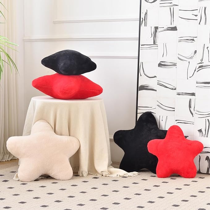 Xiashrk Star Pillow, Decorative Throw Pillows for Bed Couch, 15" Star Shaped Pillow Plush Floor Cushions Room Decor Pillow with Faux Rabbit Fur for Sofa Bedroom Living Room (Red, 19.6" x 19.6")