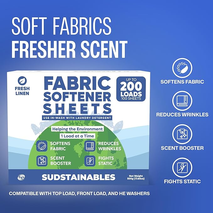 Sudstainables Fabric Softener Sheets for Washer – Eco-Friendly Laundry Softener Sheets for Washing Machines, Scented (200 loads)