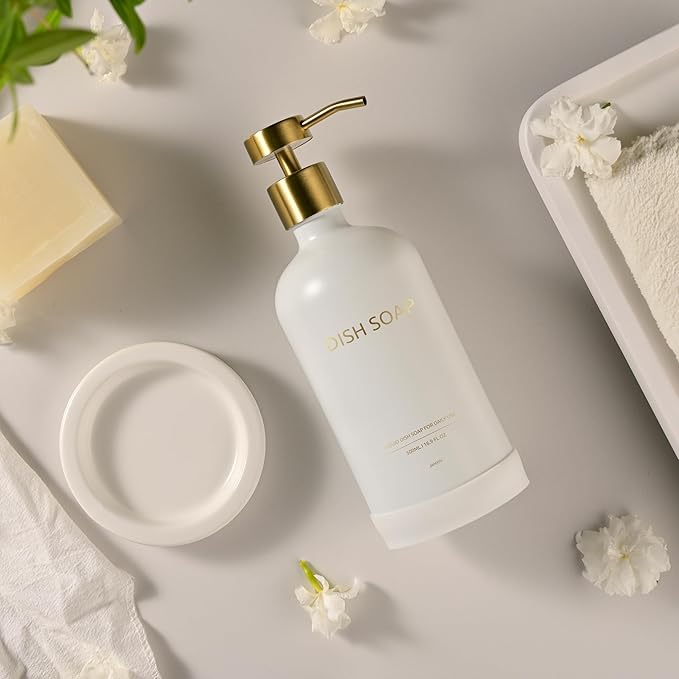 Glass Soap Dispenser Set by Janxin,Bathroom Soap Dispenser Set with Ceramic Tray,Luxury Bathroom Accessories,Modern Kitchen Decor (White+Gold(Dish Soap))