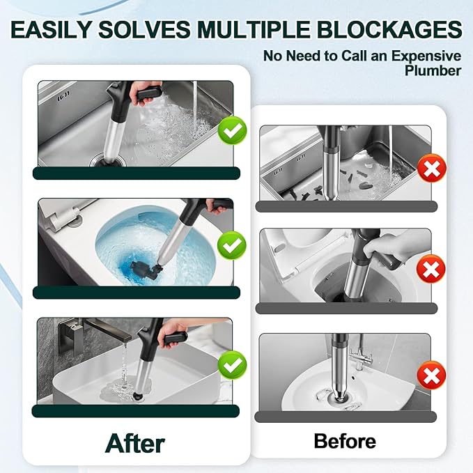Toilet Plunger Drain Clog Remover, High Pressure Air Drain Remover Tool with Real-Time Barometer, Stainless Steel Clog Toilet Cleaner for Bathroom Kitchen Commercial Floor Sink(Black)