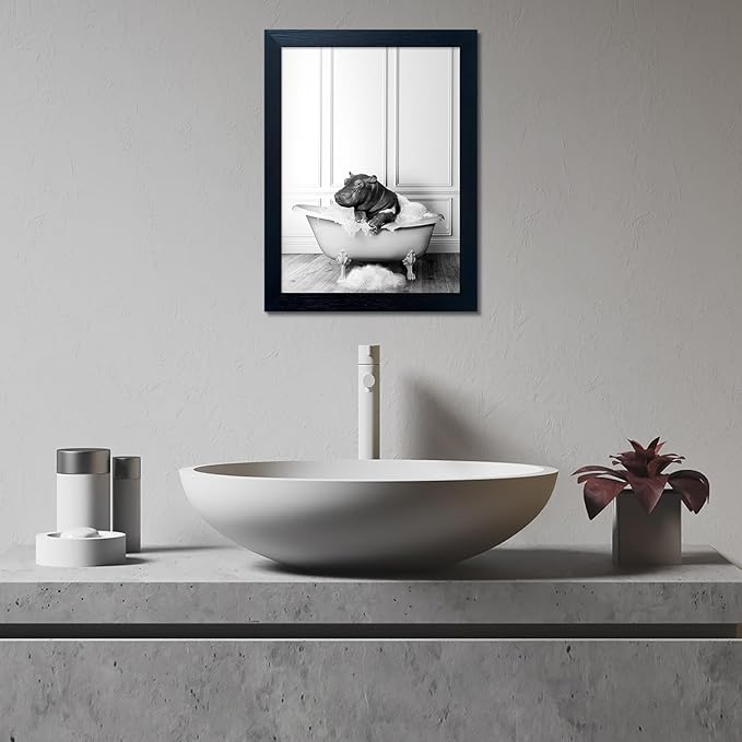 Black and White Bathroom Decor Funny Hippo in Bathtub Wall Art Framed Humor Bathroom Signs Cute Animal Canvas Print Painting Artwork