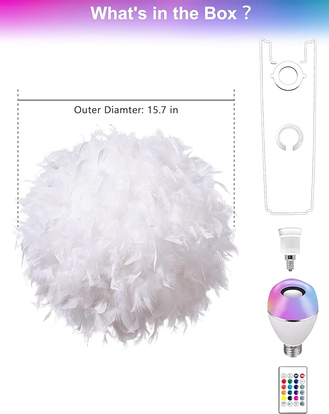 Star Vision Feather Lamp with Smart Light Bulb, Bluetooth Speaker & APP Control, Dimmable RGB LED Light, 15.7inches, White