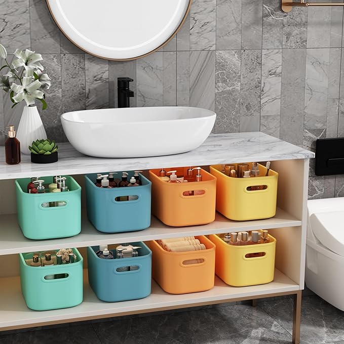 8 Pack Colorful Storage Bins for Shelves, Plastic Storage Containers for Organizing, Stackable Storage Boxes with Handle, Colored Storage Bins for Classroom, Craft, Snacks, Cabinet, 9.7x6.7x5.7 inch