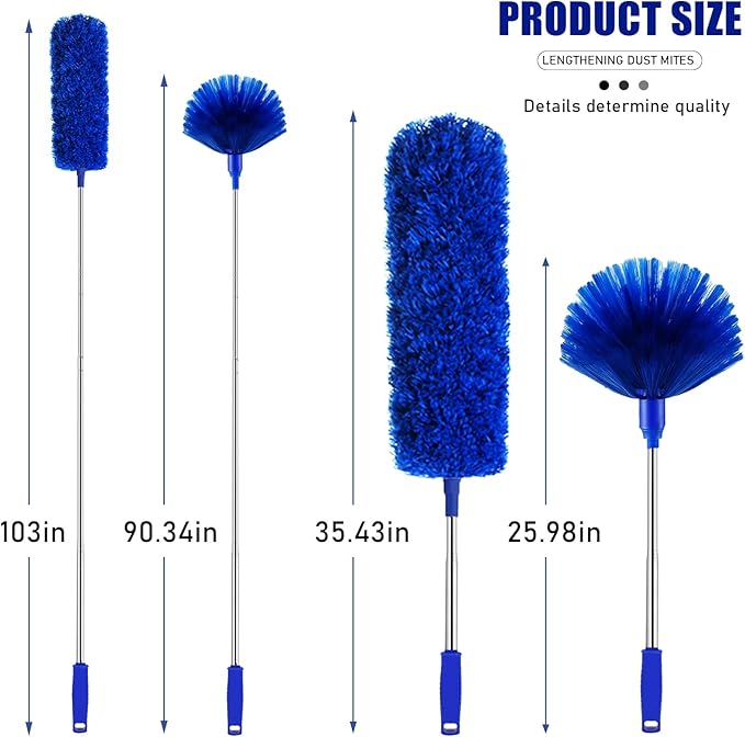 Cobweb Duster with Extension Pole, Cobweb Brush and Ceiling Fan Duster Kit for Cleaning, 15-100Inch Long High Rigidity Handle Aluminum Telescoping Pole, Washable(Blue)