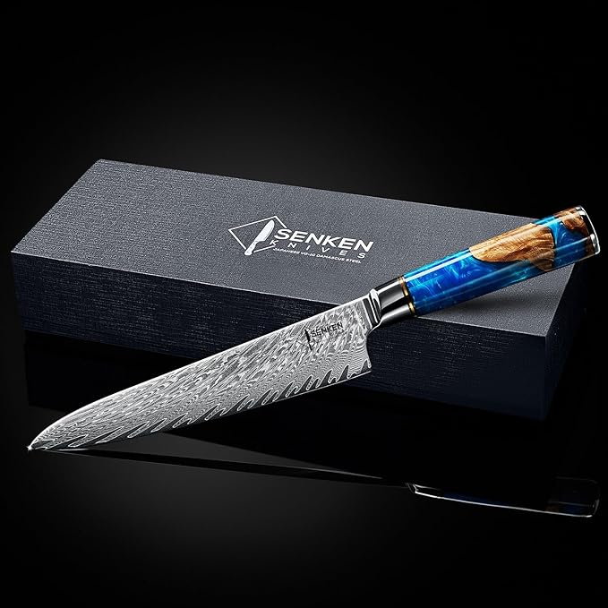 SENKEN Damascus Steel Chef's Knife - Tsunami Collection - 67-Layer Japanese VG10 Steel Core - Unique Blue Resin & Natural Wood Handle, Razor Sharp, Beautiful Damascus Wave Pattern (8" Chef's Knife)