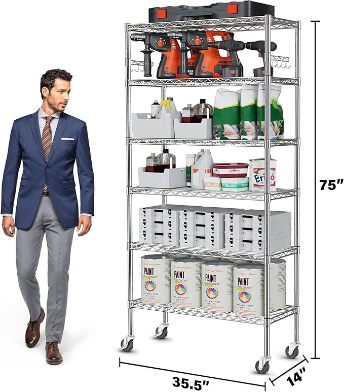 YNN Storage Shelves,6000Lbs 6 Tier Heavy Duty Metal Rolling Shelving Unit with Wheels & 8 Hooks, Adjustable Garage Wire Rack for Kitchen, Bathroom,Industrial,Pantry(36" W x 14" D x 72" H, Chrome)
