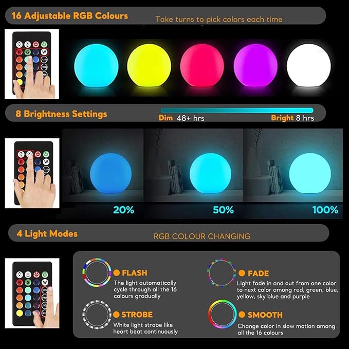 LED Night Light Ball Globe Lamp with Remote 8 Inch 16 RGB Colors Dimmable Mood Lights Rechargeable Outdoor Globe Light for Patio Nursery or Home Decor IP65 Waterproof Ball Light