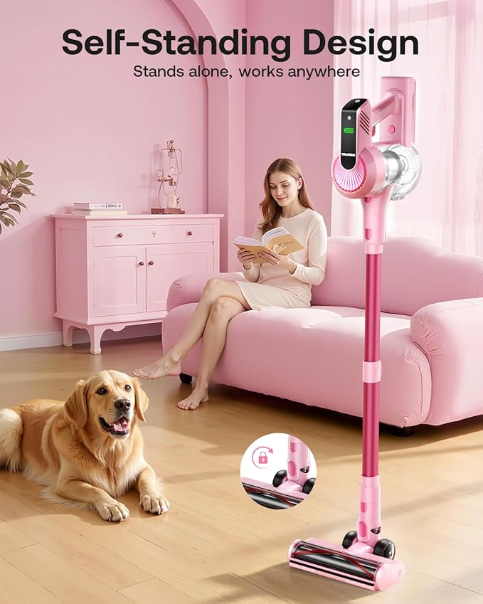 Cordless Vacuum Cleaner, 40Kpa 45Mins Vacuum Cleaners for Home, 8-in-1 Lightweight Stick Vacuum with Powerful Suction, Anti-tangle Wireless Vacuum for Carpet, Tile, Pet Hair, Hardwood Floors, Pink