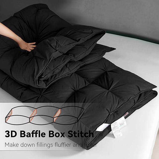 SNOWMAN Premium Down Comforter Cal King Size, Luxurious All Season Duvet Insert with Cotton Blended Fabric, 44oz Fill Weight Pinch Pleat Design Hotel Bedding Comforter (Black,108"x98")