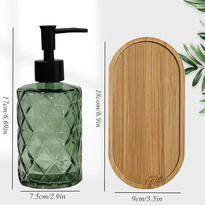 Glass Hand and Dish Soap Dispenser Set of 2 with Plastic Pumps, Bamboo Tray, 12oz Green Bathroom Soap Dispenser with Diamond for Hand Wash & Dish Wash, Ideal for Bathroom Kitchen Countertop