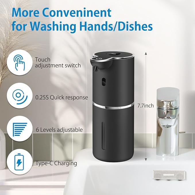 Automatic Foaming Soap Dispenser 12.8oz, Rechargeable & 6 Levels Foaming Adjustable with Digital Display, Wall Mount, Waterproof, Touchless Hand/Dish Soap Dispenser for Kitchen, Bathroom, Hotel