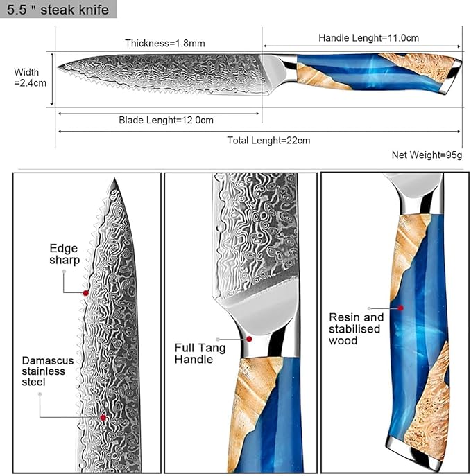 Damascus Steel Steak Knife, Resin Wood Handle, Stainless Steel Western Style Steak Knives of 12, Kitchen Serrated Set Knife Slicing & Cutting