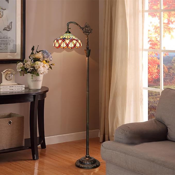 Tiffany Floor Lamp Yellow Peacock Tail Stained Glass Floor Light Adjustable Angle Tall Standing Lamp 63 inches for Home Living Room Bedroom