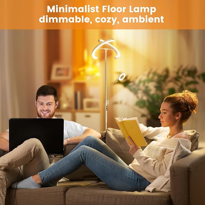 2-in-1 Dimmable Floor Lamp with Reading Light - Rotatable Standing Lamp with Remote&Touch Control, Stepless Color Brightness Adustable, Modern Lamp for Living Room Bedroom Office, Silver