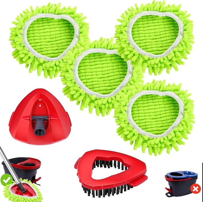 4 Pack Spin Mop Replacements Head Compatible for Oceda EasyWring 1-Tank System,Microfiber Spin Mop Refills Head,1 Mop Scrub Brush + 1 Mop Base + 4 Pack Cleaning Floor Mop Head(Green)