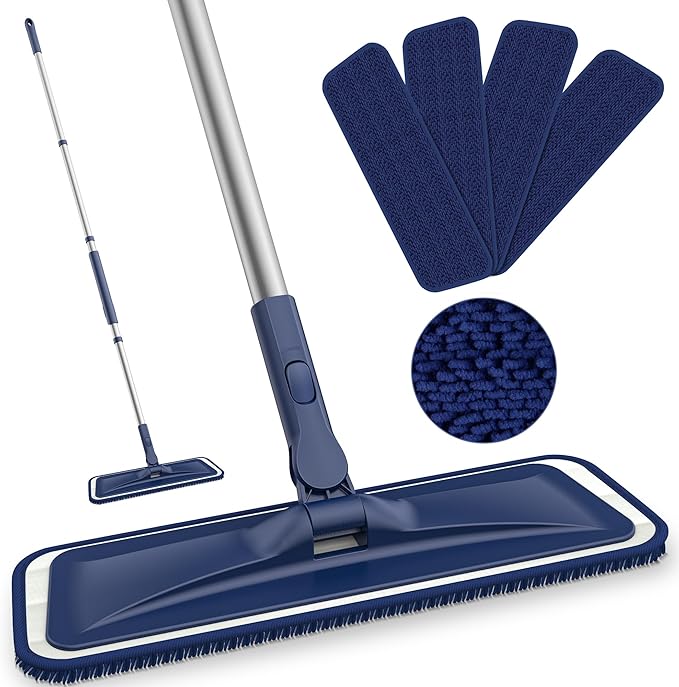 Microfiber Mops for Floor Cleaning - BPAWA Flat Floor Mop Wet Dry Use for Hardwood Floors Laminate Wood Tile Vinyl Wall Hard Surface, Bathroom Kitchen Dust Mop with 4 Reusable Washable Chenille Pads