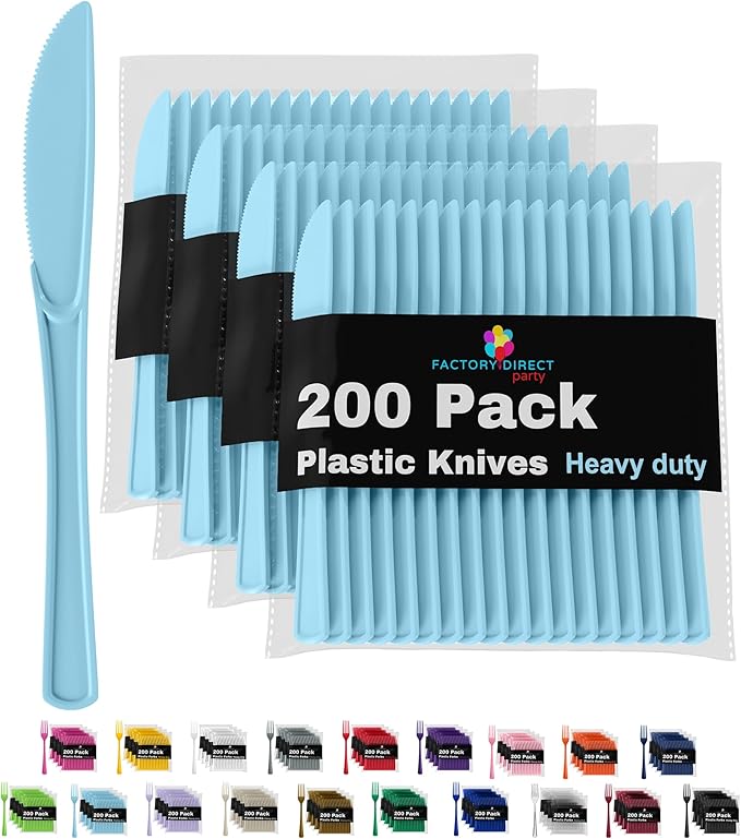 Party Solids Light Blue Plastic Knives 200 Pcs Light Blue Knives Disposable Utensils Heavy Duty Plastic Cutlery Set Disposable Cutlery Set Flatware Set Silverware Set Party Supplies & Party Tableware