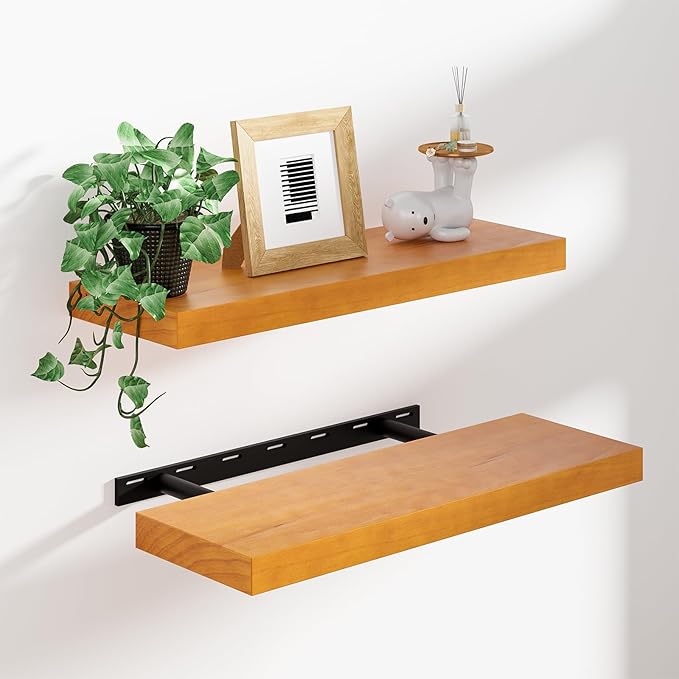 Heimlove Wooden Floating Shelves for Wall,2 Packs 16 inches Natural Pine Solid Wood Bathroom Shelf Over Toilet Decor and Storage 8 inches Deep for Kitchen Bedroom Office & Living Room Wall Decor
