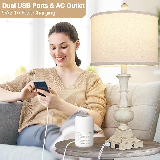 26" Farmhouse Table Lamps Set of 2, Rustic Touch Control Bedside Lamps with 2 USB Ports & AC Outlet, Vintage White Resin 3-Way Dimmable Nightstand Lamp Linen Fabric Shade for Living Room Bedroom Decor