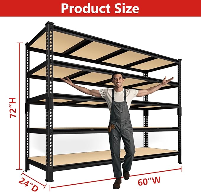 PrimeZone 60" W X 24" D X 72" H Heavy Duty Garage Storage Shelves - Adjustable Metal Shelving Unit, 5 Tier Industrial Shelves for Storage Standing Utility Rack for Warehouse, Basement, Black, 4 Pack