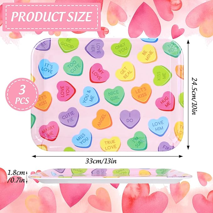 3Pcs 13 x 10 Inch Valentine's Day Serving Trays Candy Conversation Heart Platter Sweet Love Serving Dishes for Party Sharing Snacks Fruit Dessert Candy