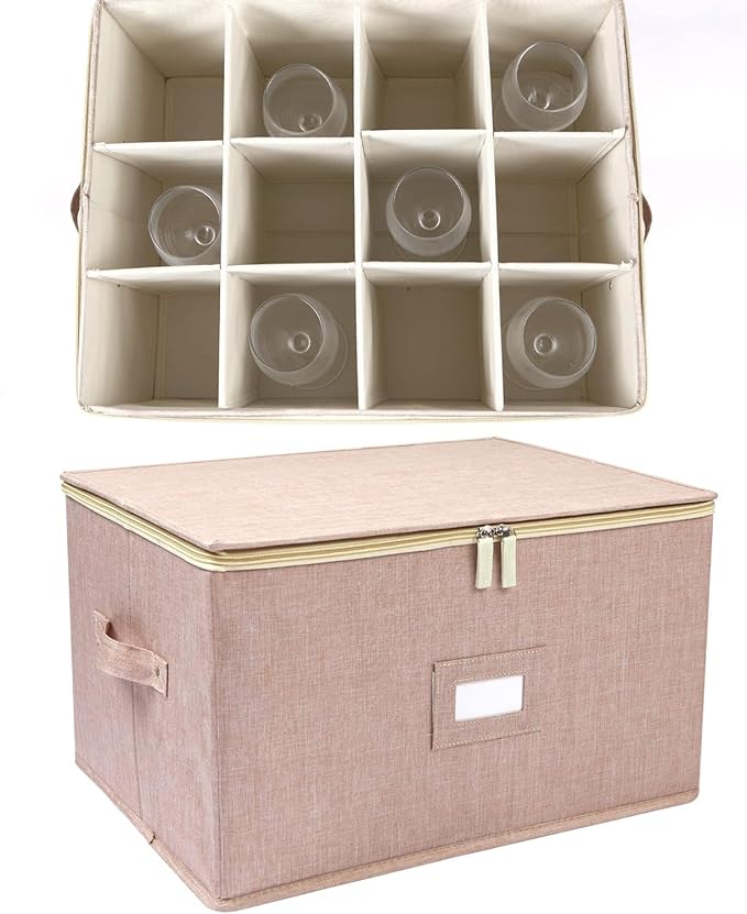 popoly Wine Glass Storage Box 2 Pack, Stemware Storage Containers Cases with Dividers, Stackable Moving Supplies for 12 Wine Glasses, Drinkware, Glassware or Crystal (Beige)