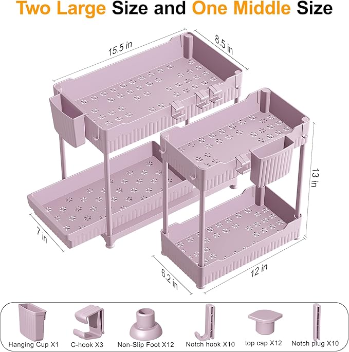 3 Pack Under Sink Organizers, 2-Tier Multi-Use Kitchen and Bathroom Organizers and Storage with Sliding Drawers,Bathroom Cabinet Organizer (Pink, 14.8 Inch)