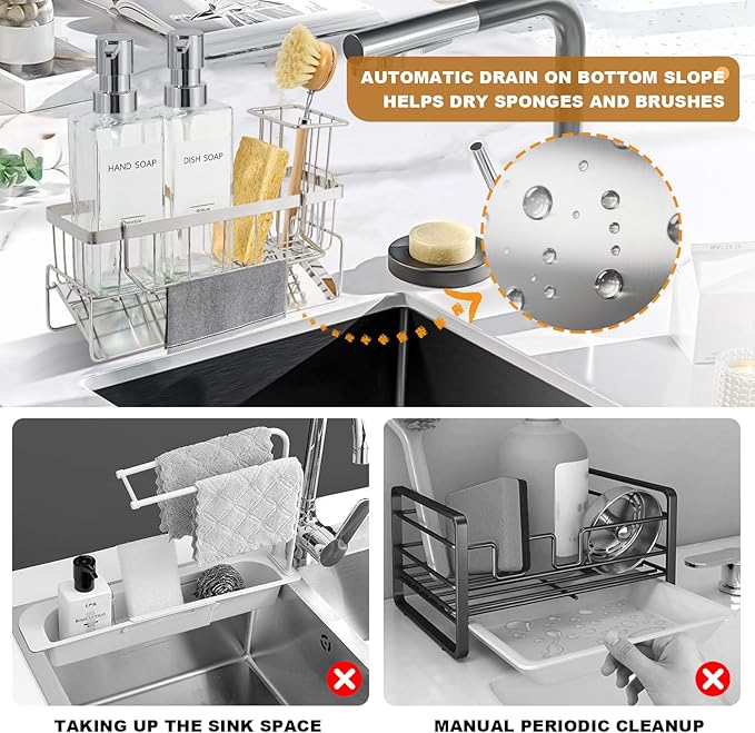 GMISUN Kitchen Soap Dispenser, 12 Fl oz/350ml Clear Dish Soap Dispenser with Silver Sponge Holder, Customized Glass Dish Soap Dispensers for Kitchen, Modern Hand and Dish Soap Dispensers Set Removable