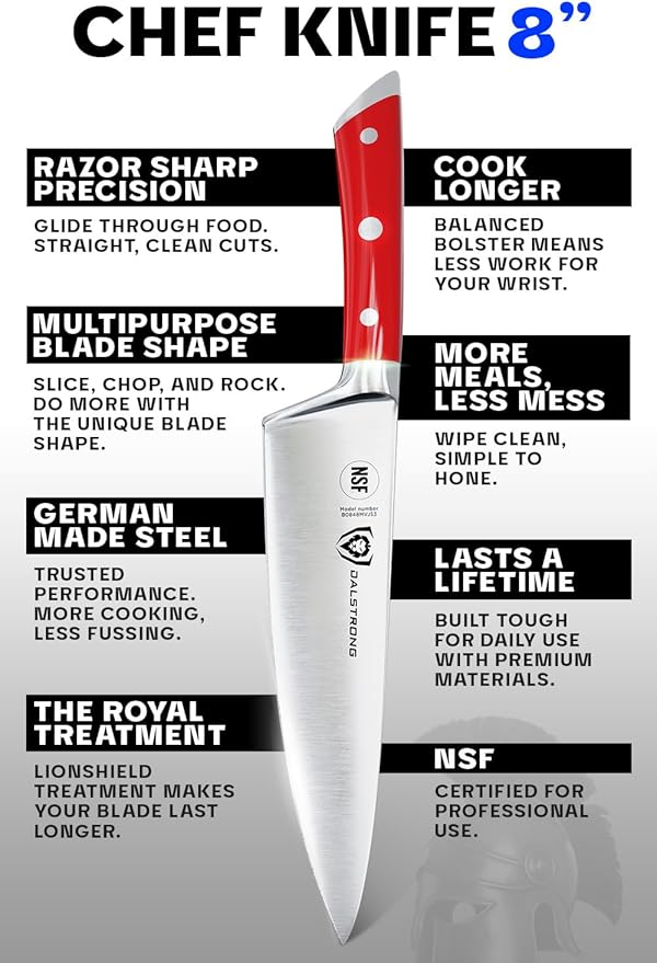 Dalstrong Chef Knife - 8 inch Blade - Gladiator Series - Forged High Carbon German Steel - Razor Sharp Kitchen Knife - Professional Full Tang Knives - Crimson Red Handle ABS - Sheath - NSF Certified