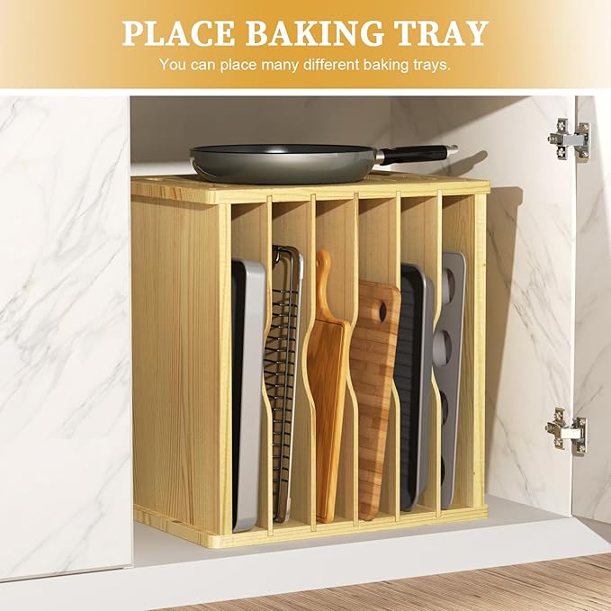 7 Tier Wooden Cabinet Tray Dividers,Kitchen Cabinet Tray Divider for Pans, Storing pans, Baking trays, Cutting Board