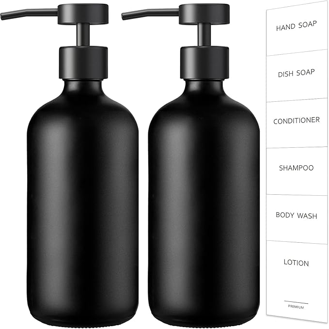 GMISUN Black Soap Dispenser, 2 Pack Matte Black Hand Soap Dispensers for Bathroom, 17 Fl Oz Glass Dish Soap Dispenser for Kitchen with Stainless Steel Pump, Modern Liquid Soap Bottle Set