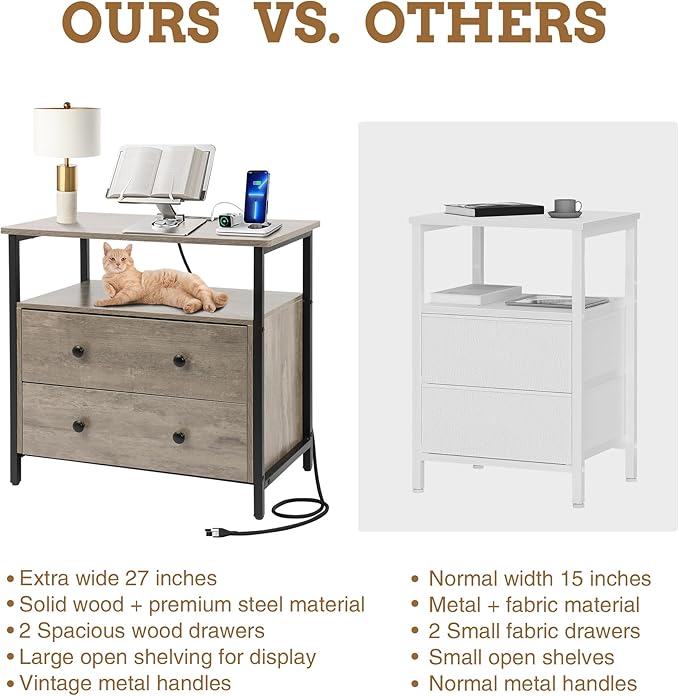 27 inch Wide Night Stand with Charging Station, Bedside Table with Open Shelf, 2 Drawers Small Wood Dresser, Modern Wood Nightstand for Bedroom/Living Room (Rustic Gray)