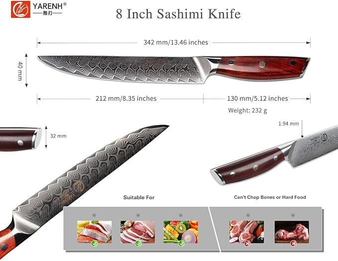 YARENH Slicing Knife 8 Inch - Damascus Chef Knife,67-Layer Steel,Ultra-Sharp Blade, Durable Edge, Rust-Resistant, Ergonomic Sandalwood Handle,Sharp Sashimi Knife
