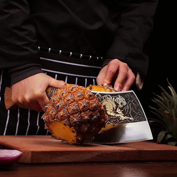 TOMBRO Meat Cleaver - 9" Butcher Knife, Heavy Duty Bone Chopper, Forged With Sheath for Meat Cutting, Ultra Sharp Carbon Steel Chinese Chef for Home & Outdoors