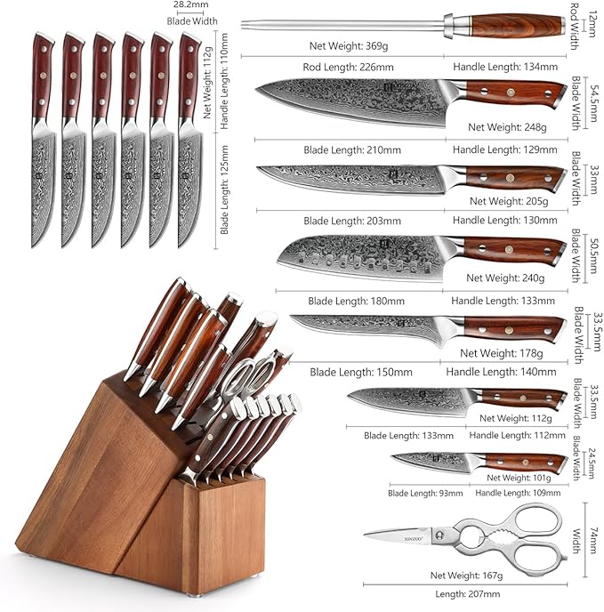 XINZUO 15pcs Kitchen Knife Set with Block, Professional Damascus Chef Knife Set-steak Knife Set of 6-Kitchen Shear&Diamond Honing Steel,Natural Rosewood Handle, Razor Sharp