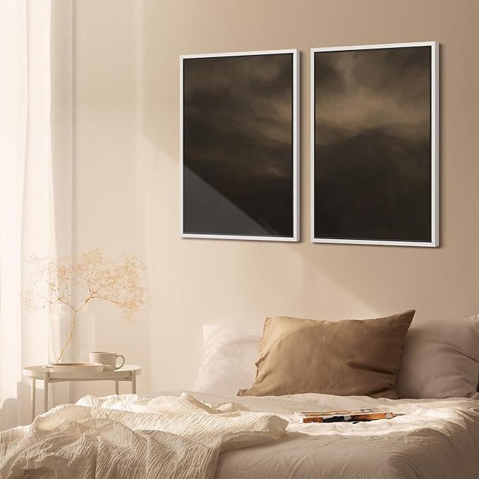 SIGNFORD Framed Canvas Print Wall Art Set Moody Misty Landscape Soft Brown and Gray Hues Illustration Modern Art Decorative Nordic Nature for Living Room, Bedroom, Office - 16"x24"x2 White