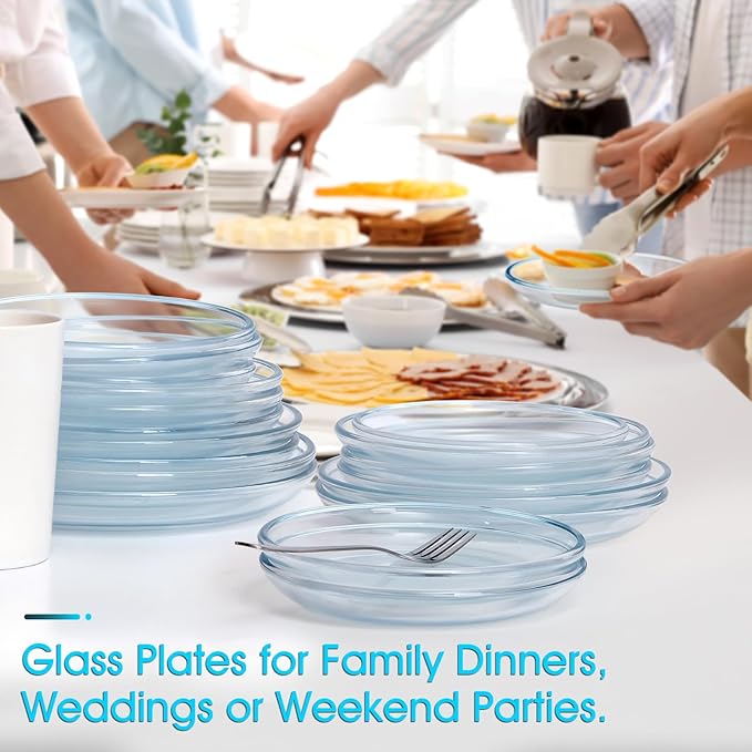 NUTRIUPS 6 Pack 8in Glass Plates - with Lipped Edge - Clear Glass Plate, Tempered Glass Plates Set of 6, Clear Appetizer Plate, Dishwasher & Microwave Safe