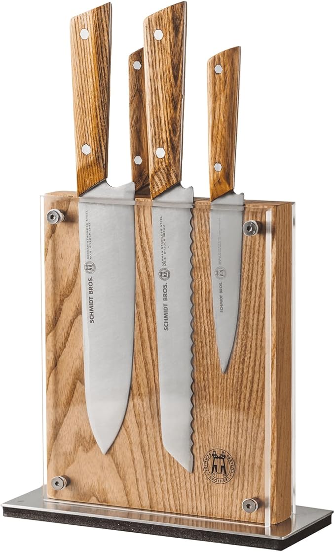 Schmidt Brothers - 5-Piece Natural White Oak Hex Knife Set, High-Carbon Stainless Steel Cutlery with Natural White Oak and Acrylic Magnetic Knife Block