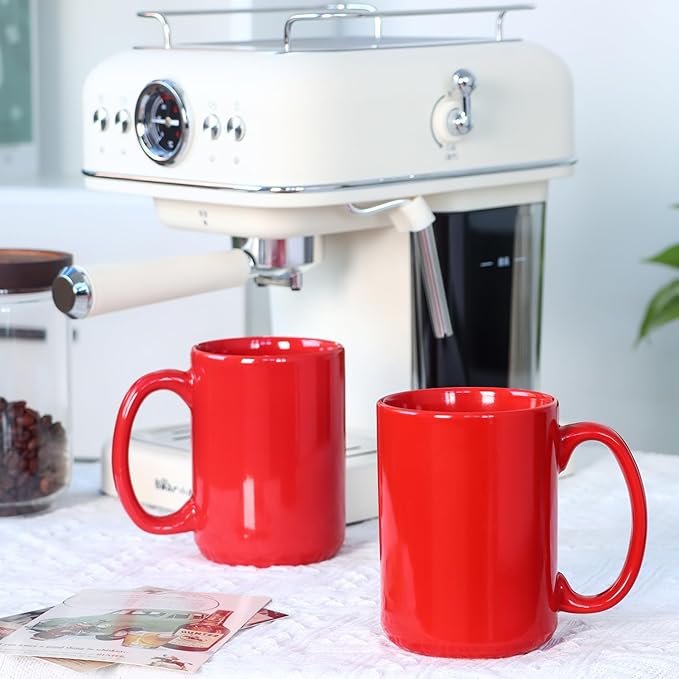 Smilatte 16 OZ Porcelain Coffee Mugs, Classic Blank Ceramic Cup with Large Handle for Tea Latte Cappuccino, Set of 4, Red