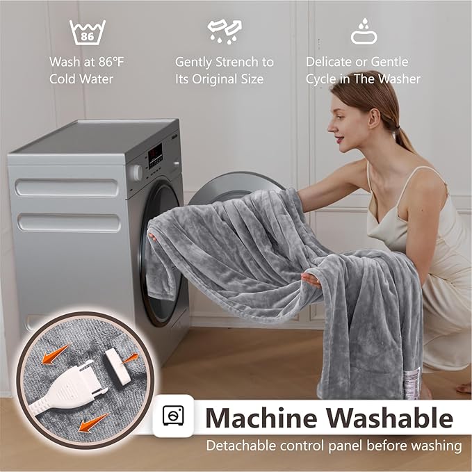 Wapaneus Heated Blanket Electric Throw 62" x 84" Twin Size with 10 Heat Levels and 12 Hours time Settings, Flannel Fast-Heating, ETL Listed, Machine Washable,Light Grey