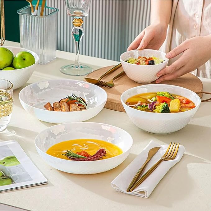 11 OZ Ceramic Soup Bowls for Kitchen White Diamond, Ultra light Set of 4 Perfect for Soup Bowls for Kitchen, Ramen Bowl, for Oatmeal, Fruit,Salad and Rice Bowl, Dishwasher & Microwave Safe (4.73 INCH)