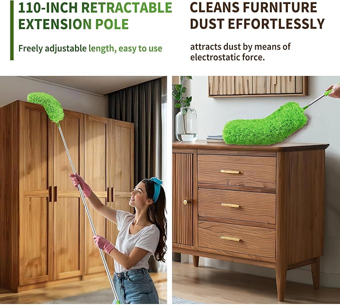 Cobweb Duster with Extension Pole, Washable Cleaning Duster Set with 2 Duster Heads, Corner Brush, 15-110-Inch Telescoping Pole for high Ceiling Fans, Long Duster for high Ceilings,Reach Duster